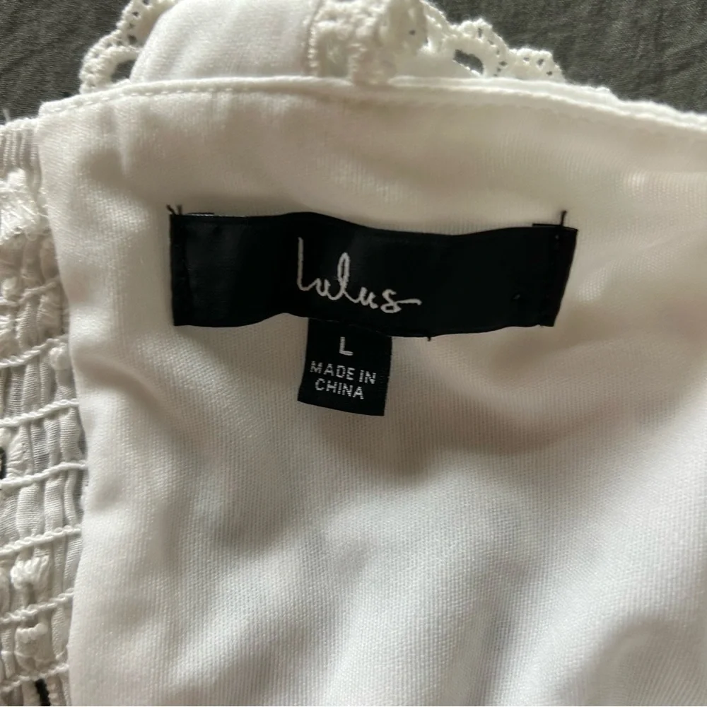 LuLus Sweetest Angel Ivory Eyelet Embroidered Tie-Front Jumpsuit. Size Large.